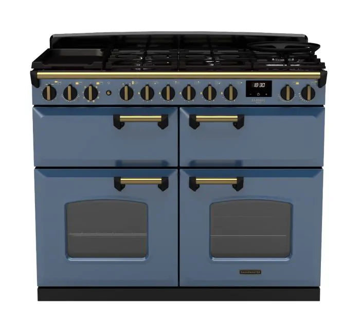 Rangemaster Classic Deluxe 110cm Dual Fuel Range Cooker (Slow Cook) - Stone Blue & Brass | CLDLB110DFPSTB/AB1