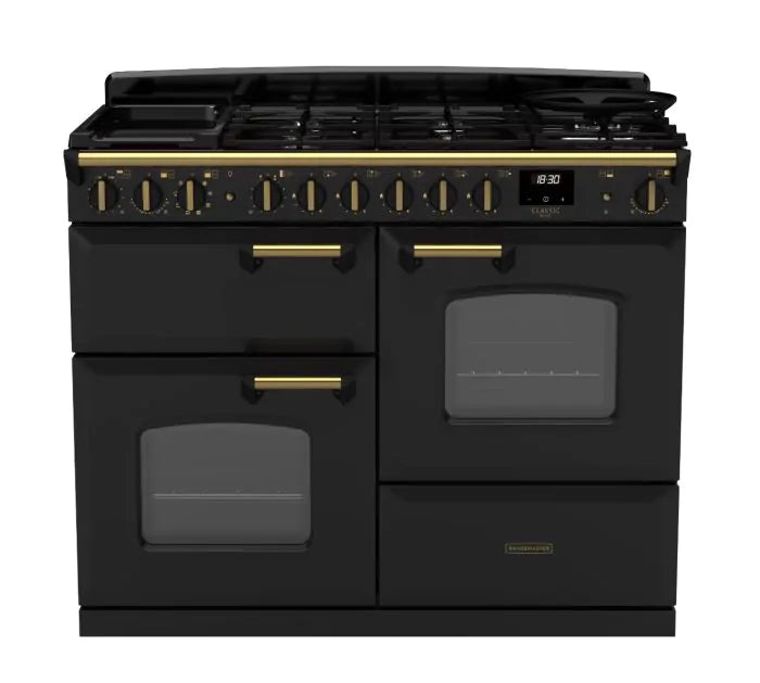 Rangemaster Classic Deluxe 110cm Dual Fuel Range Cooker - Charcoal Black & Brass | CLDLO110DFPCBL/AB1