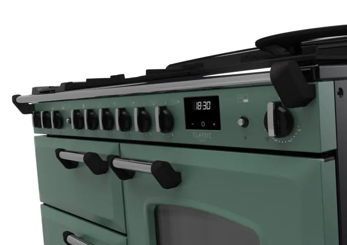 Rangemaster Classic Deluxe 110cm Dual Fuel Range Cooker - Mineral Green & Chrome | CLDLO110DFPMGR/CM1
