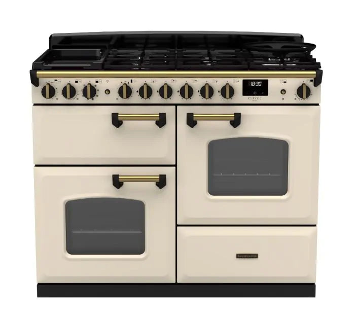 Rangemaster Classic Deluxe 110cm Dual Fuel Range Cooker - Pale Cream & Brass | CLDLO110DFPPCR/AB1