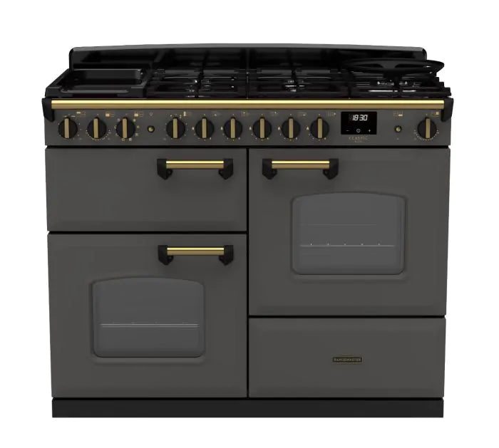 Rangemaster Classic Deluxe 110cm Dual Fuel Range Cooker - Slate & Brass | CLDLO110DFPSLT/AB1