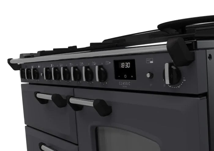 Rangemaster Classic Deluxe 110cm Dual Fuel Range Cooker - Slate & Chrome | CLDLO110DFPSLT/CM1