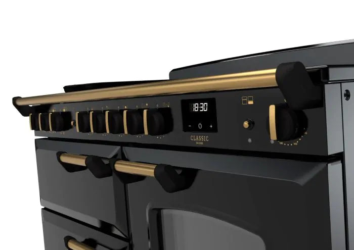 Rangemaster Classic Deluxe 110cm Induction Range Cooker - Glossy Black & Brass | CLDLO110EIPGBL/AB1