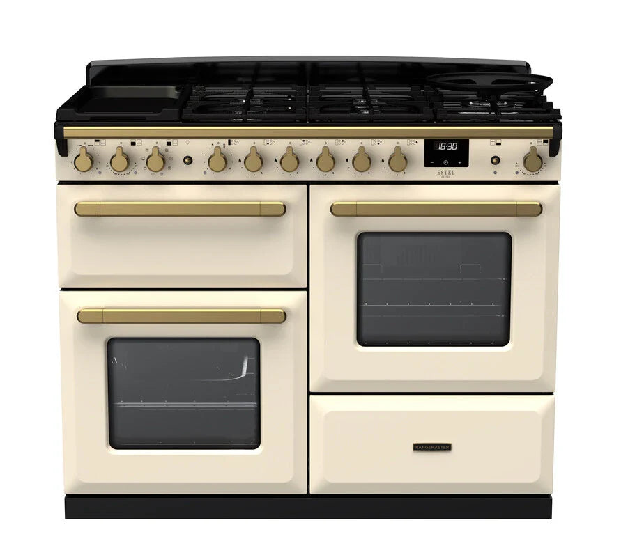 Rangemaster Estel Deluxe 110cm Dual Fuel Range Cooker - Pale Cream & Brass | ESDLO110DFPHMPPCR/AB1