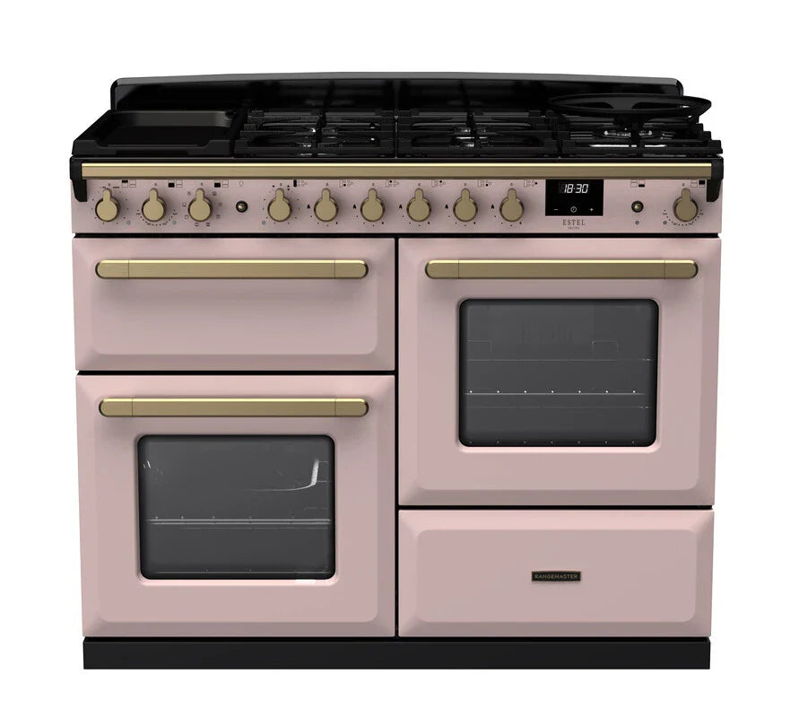 Rangemaster Estel Deluxe 110cm Dual Fuel Range Cooker - Pale Pink & Brass | ESDLO110DFPPPK/AB1