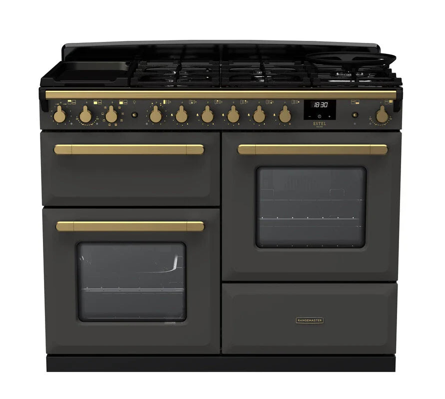Rangemaster Estel Deluxe 110cm Dual Fuel Range Cooker - Slate & Brass | ESDLO110DFPSLT/AB1